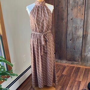 Worthington retro 70’s style tan design maxi sleeveless halter neck dress Sz 6